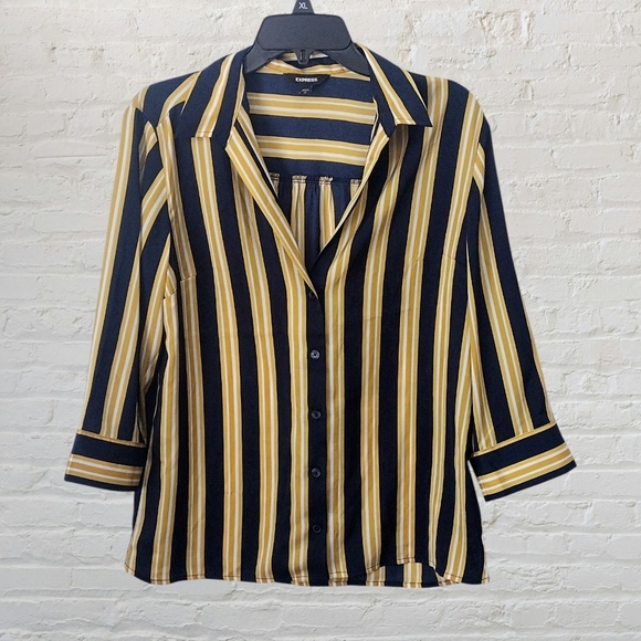 Express Tops - Express Women's Yellow And Blue Striped Blouse Size Medium